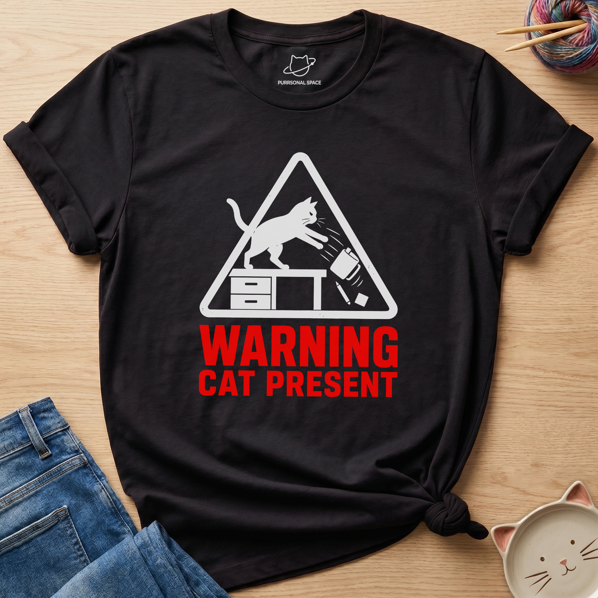 Warning Cat Present T-Shirt