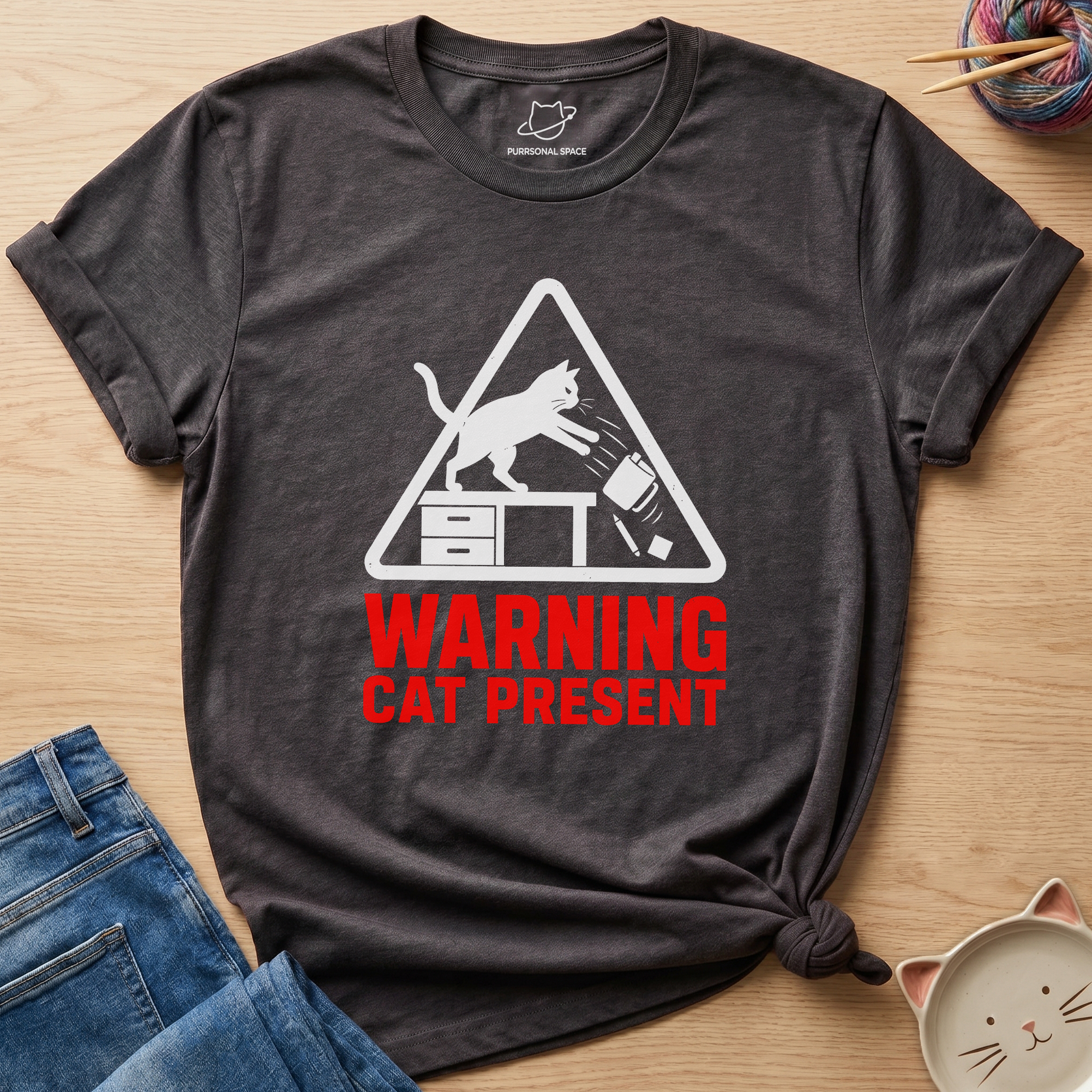 Warning Cat Present T-Shirt