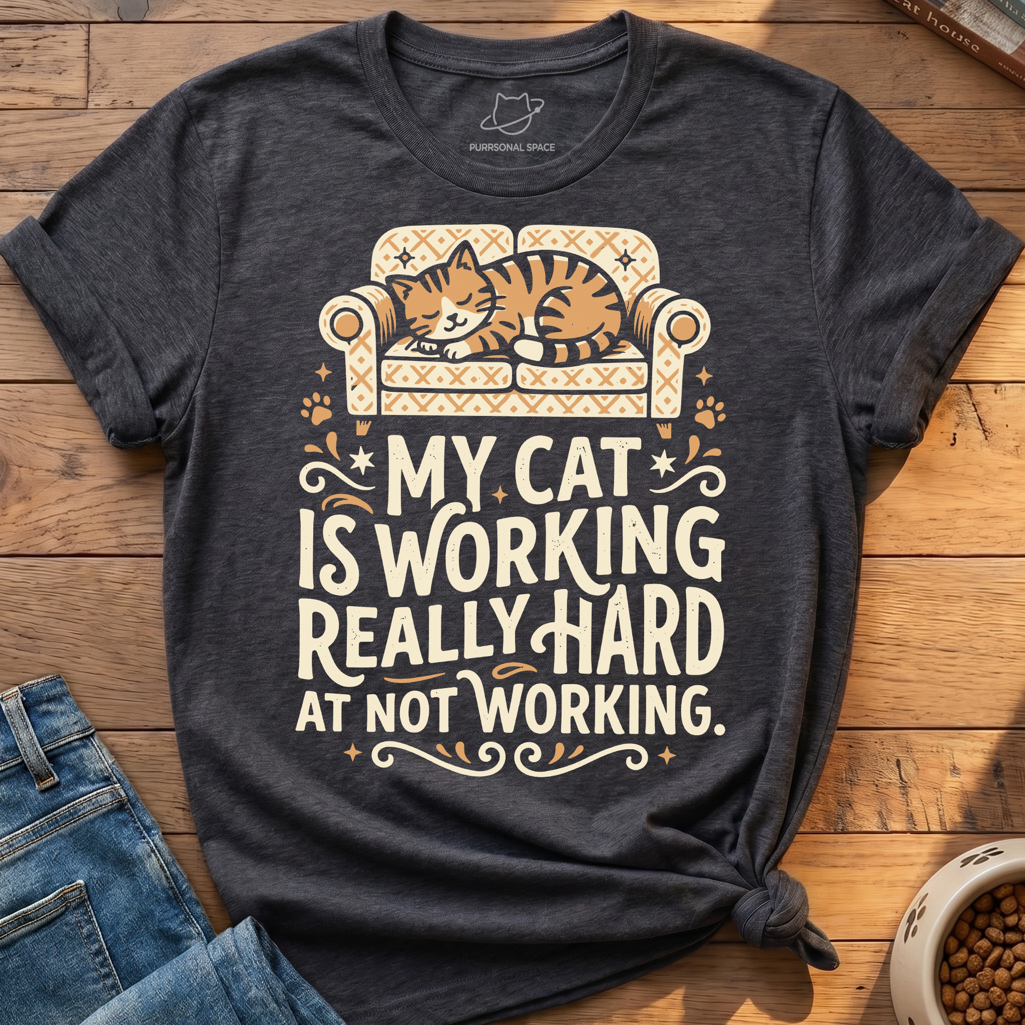 A dark heather gray graphic t-shirt featuring an illustration of a sleeping orange tabby cat on a patterned sofa with the text 'MY CAT IS WORKING REALLY HARD AT NOT WORKING.' The shirt is styled in a flat lay on a wooden floor with blue jeans and a bowl of cat food visible at the edges.