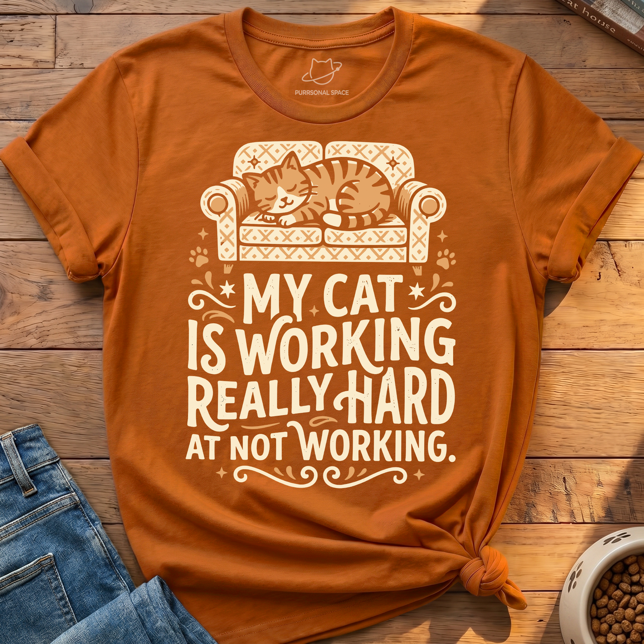An orange short-sleeve graphic t-shirt with a cream-colored print of a cat sleeping on a patterned couch and the text 'MY CAT IS WORKING REALLY HARD AT NOT WORKING.' The shirt is styled in a flat-lay on a wooden surface next to blue jeans and a bowl of cat food.