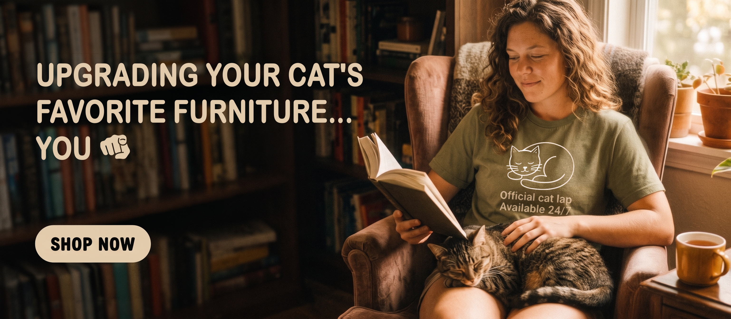 Woman reading a book with a cat on her lap in a cozy room, with text about upgrading cat furniture.
