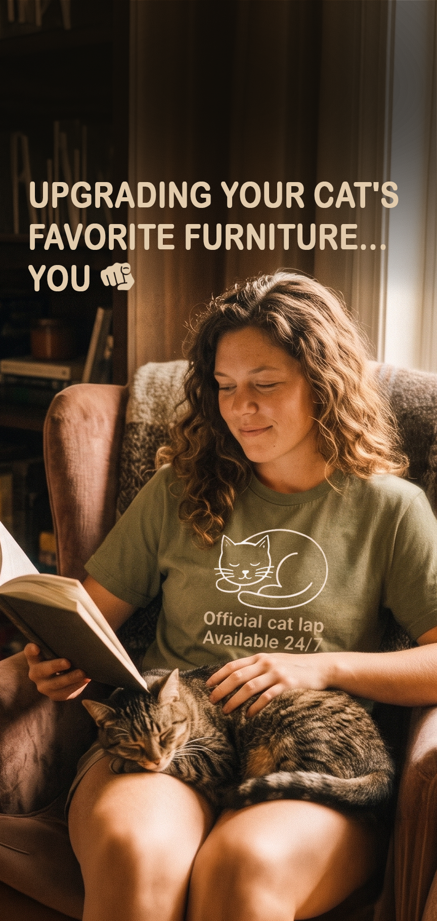 Woman reading a book with two cats on her lap in a cozy room. UPGRADING YOUR CAT'S FAVORITE FURNITURE